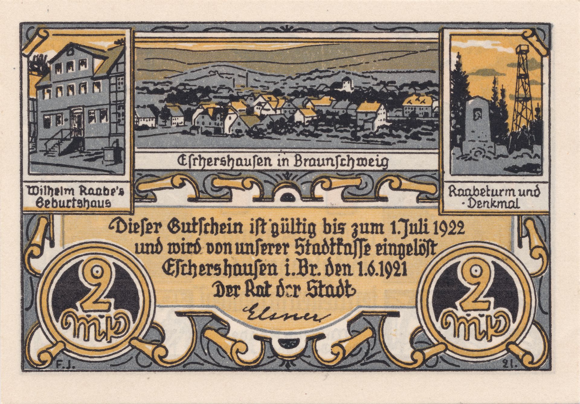 Notgeld der Stadt Eschershausen, Frontseite des 2-Mark-Scheins 1921